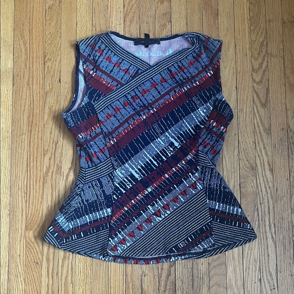 BCBGMaxAzria Sleeveless Printed Peplum Tank in Navy, Burgundy and Light Blue